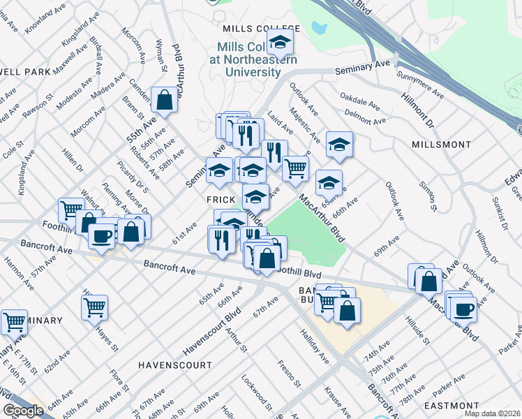 map of restaurants, bars, coffee shops, grocery stores, and more near 3100 63rd Avenue in Oakland