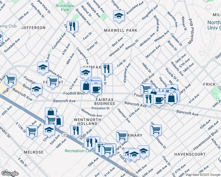 map of restaurants, bars, coffee shops, grocery stores, and more near 5380 Foothill Boulevard in Oakland
