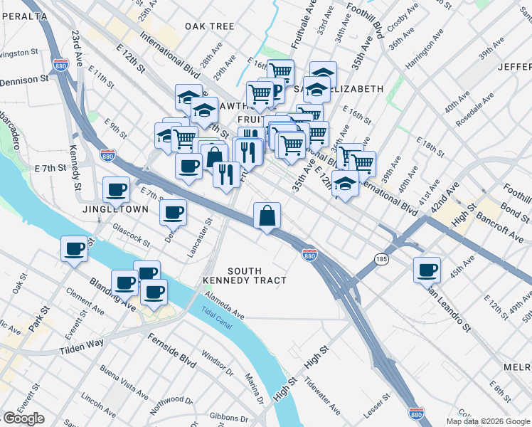 map of restaurants, bars, coffee shops, grocery stores, and more near 824 34th Avenue in Oakland