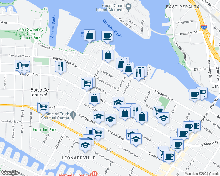 map of restaurants, bars, coffee shops, grocery stores, and more near 1728 Schiller Street in Alameda