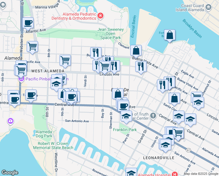 map of restaurants, bars, coffee shops, grocery stores, and more near 1224 Santa Clara Avenue in Alameda