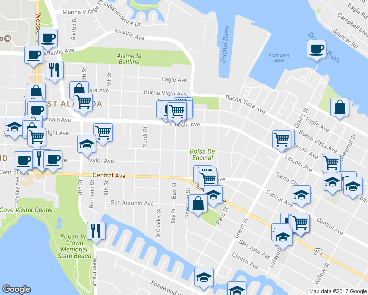 map of restaurants, bars, coffee shops, grocery stores, and more near 1224 Santa Clara Avenue in Alameda