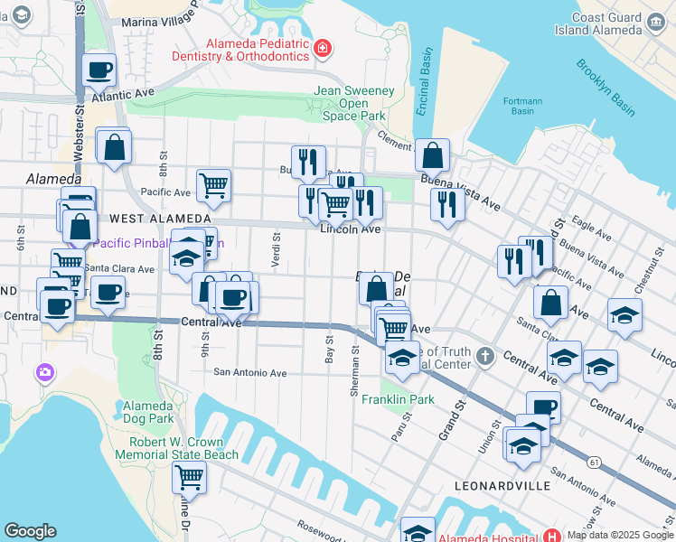 map of restaurants, bars, coffee shops, grocery stores, and more near in Alameda