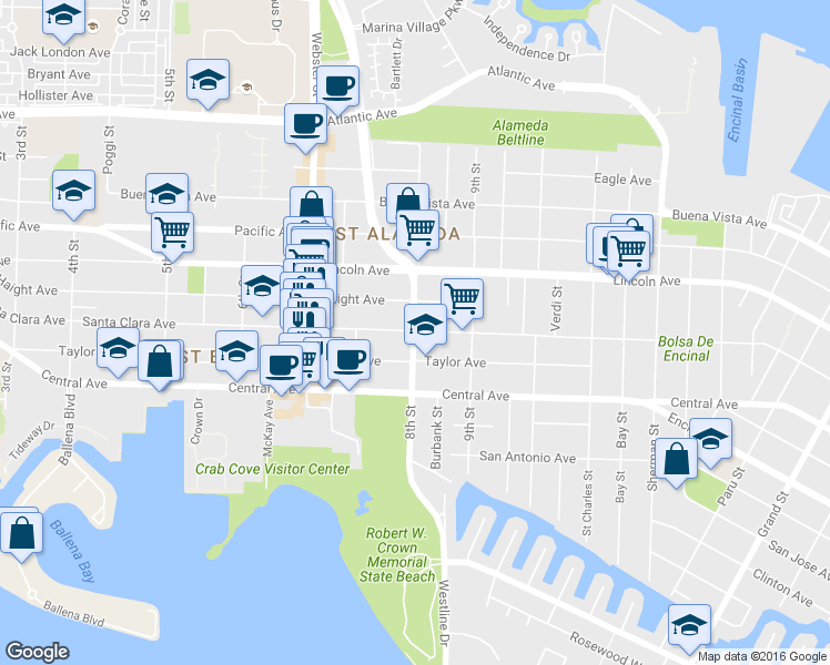 map of restaurants, bars, coffee shops, grocery stores, and more near 1498 8th Street in Alameda
