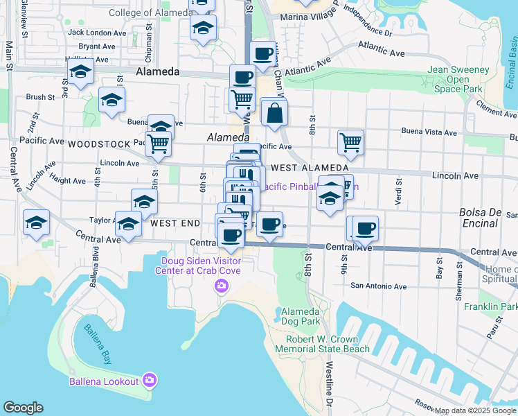 map of restaurants, bars, coffee shops, grocery stores, and more near 726 Santa Clara Avenue in Alameda