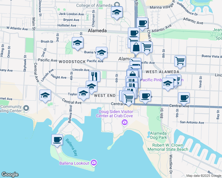 map of restaurants, bars, coffee shops, grocery stores, and more near 550 Santa Clara Avenue in Alameda