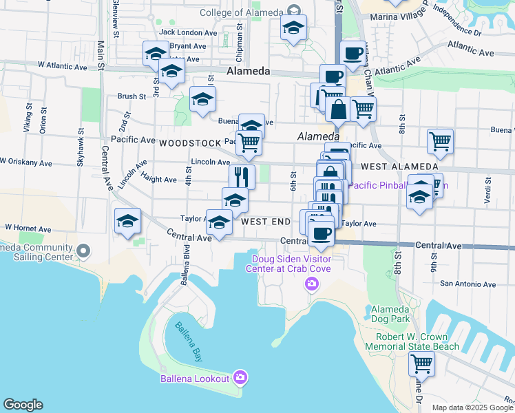 map of restaurants, bars, coffee shops, grocery stores, and more near 519 Taylor Avenue in Alameda