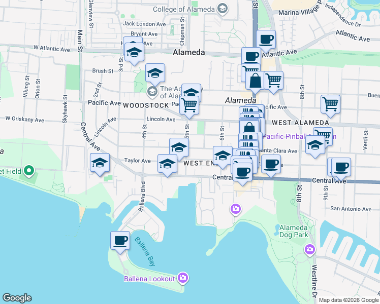 map of restaurants, bars, coffee shops, grocery stores, and more near 519 Taylor Avenue in Alameda