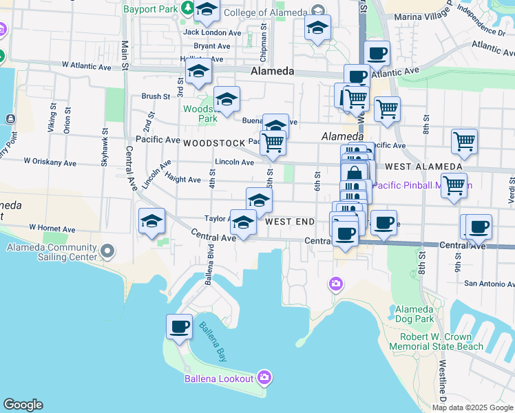 map of restaurants, bars, coffee shops, grocery stores, and more near 1437 Fifth Street in Alameda