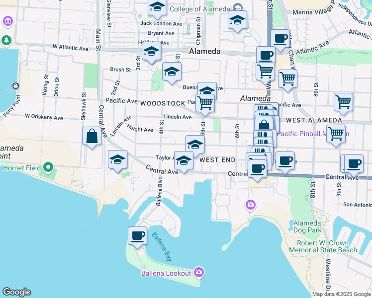 map of restaurants, bars, coffee shops, grocery stores, and more near 429 Taylor Avenue in Alameda