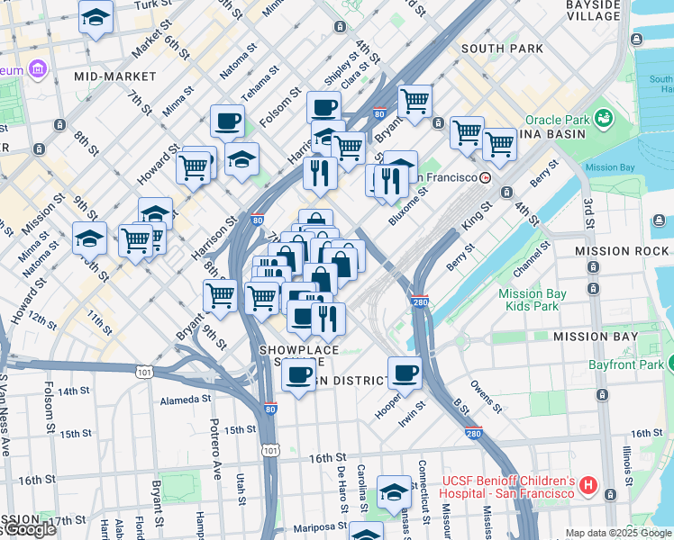 map of restaurants, bars, coffee shops, grocery stores, and more near 550 Townsend Street in San Francisco