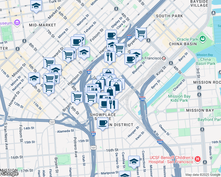 map of restaurants, bars, coffee shops, grocery stores, and more near 603 7th Street in San Francisco