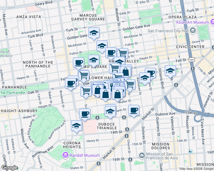 map of restaurants, bars, coffee shops, grocery stores, and more near 659 Page Street in San Francisco