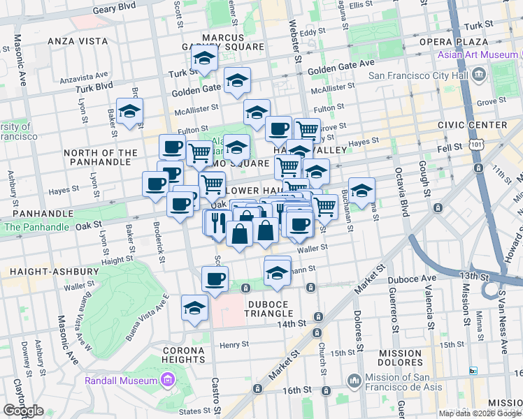 map of restaurants, bars, coffee shops, grocery stores, and more near in San Francisco