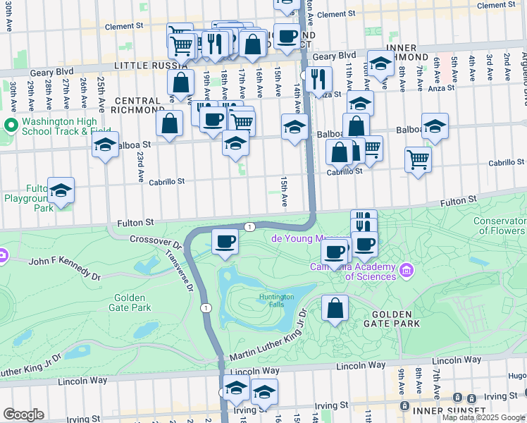 map of restaurants, bars, coffee shops, grocery stores, and more near 4026 Fulton Street in San Francisco