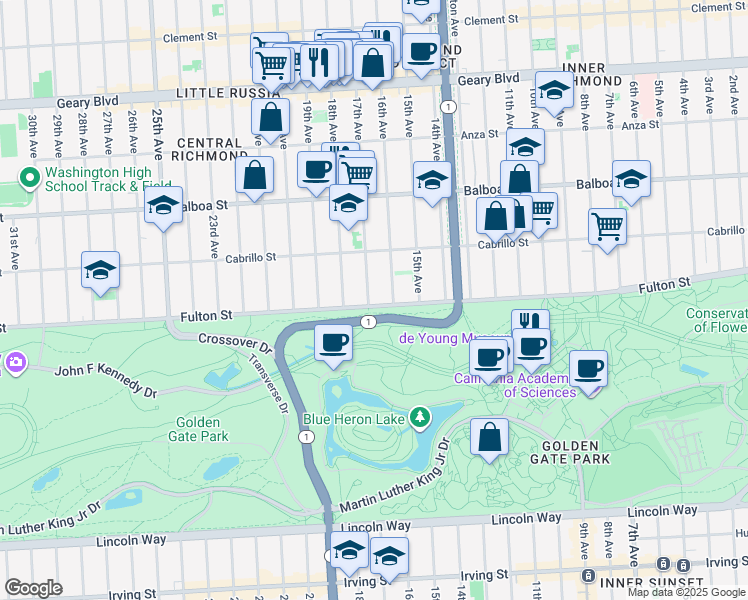 map of restaurants, bars, coffee shops, grocery stores, and more near 4026 Fulton Street in San Francisco
