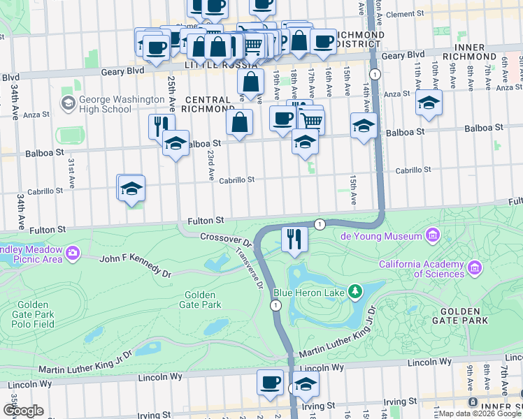 map of restaurants, bars, coffee shops, grocery stores, and more near 4434 Fulton Street in San Francisco