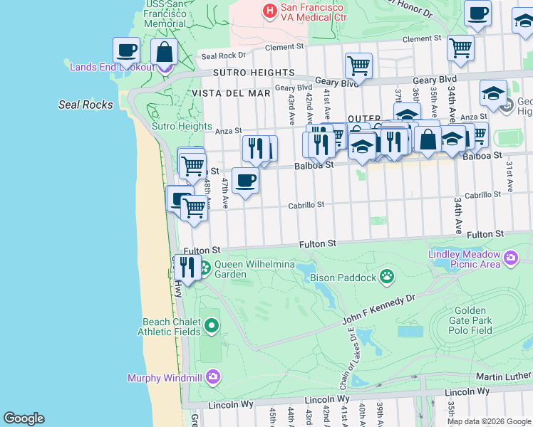 map of restaurants, bars, coffee shops, grocery stores, and more near 823 44th Avenue in San Francisco