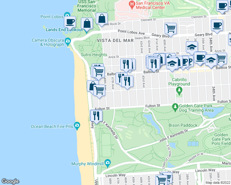 map of restaurants, bars, coffee shops, grocery stores, and more near 813 47th Avenue in San Francisco