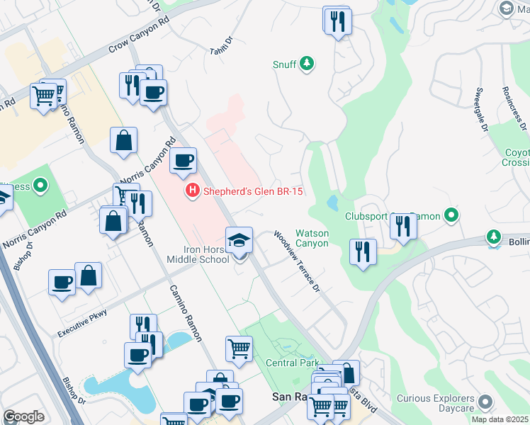 map of restaurants, bars, coffee shops, grocery stores, and more near 12720 Alcosta Boulevard in San Ramon
