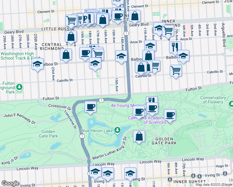 map of restaurants, bars, coffee shops, grocery stores, and more near 3900 Fulton Street in San Francisco