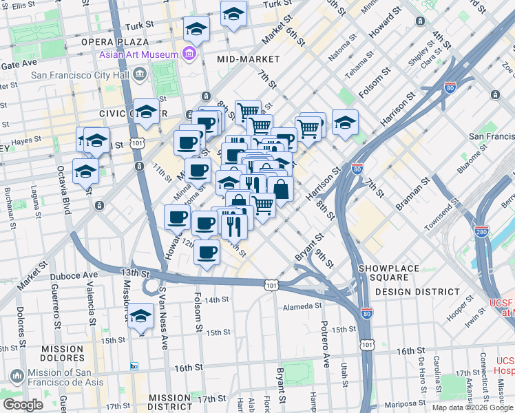 map of restaurants, bars, coffee shops, grocery stores, and more near 1335 Folsom Street in San Francisco