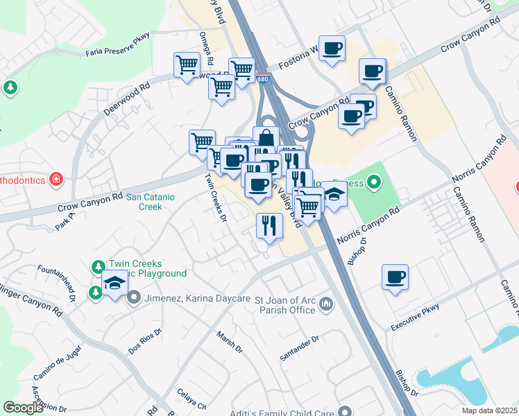 map of restaurants, bars, coffee shops, grocery stores, and more near 2505 San Ramon Valley Boulevard in San Ramon
