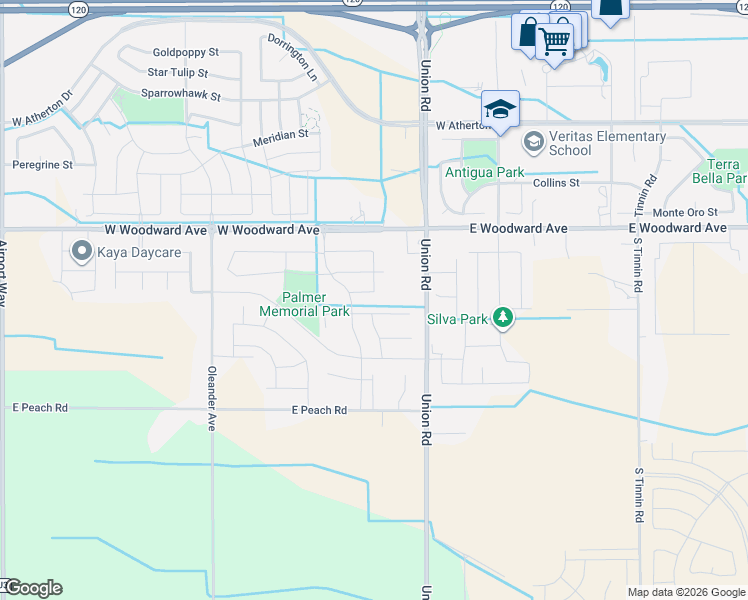 map of restaurants, bars, coffee shops, grocery stores, and more near 1302 Camara Way in Manteca