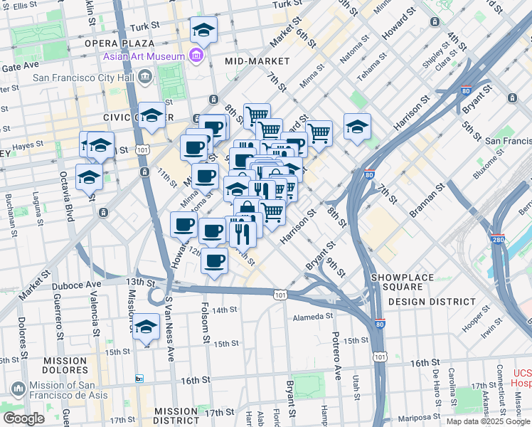 map of restaurants, bars, coffee shops, grocery stores, and more near 1335 Folsom Street in San Francisco