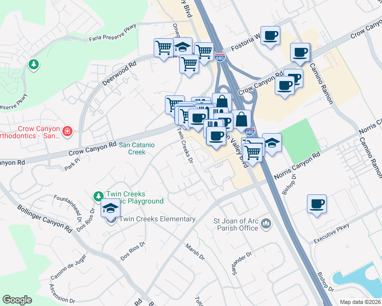 map of restaurants, bars, coffee shops, grocery stores, and more near 101 Compton Circle in San Ramon