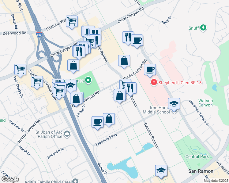 map of restaurants, bars, coffee shops, grocery stores, and more near 2006 Ivory Terrace in San Ramon