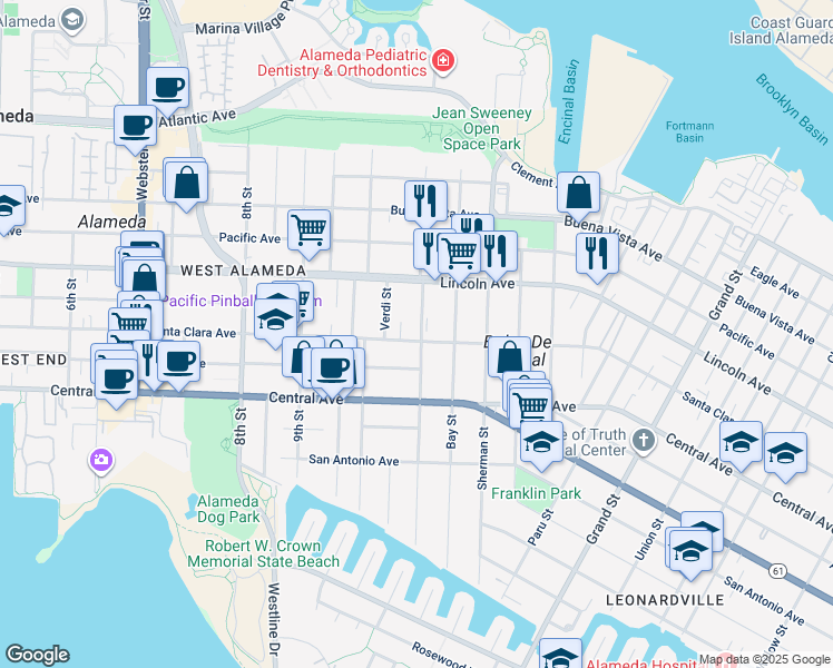 map of restaurants, bars, coffee shops, grocery stores, and more near 1059 Santa Clara Avenue in Alameda