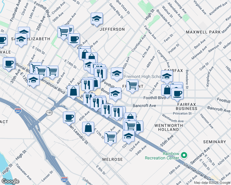 map of restaurants, bars, coffee shops, grocery stores, and more near 1720 46th Avenue in Oakland