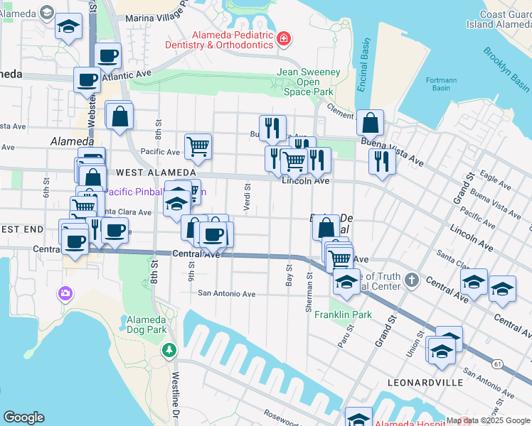map of restaurants, bars, coffee shops, grocery stores, and more near 1059 Santa Clara Avenue in Alameda