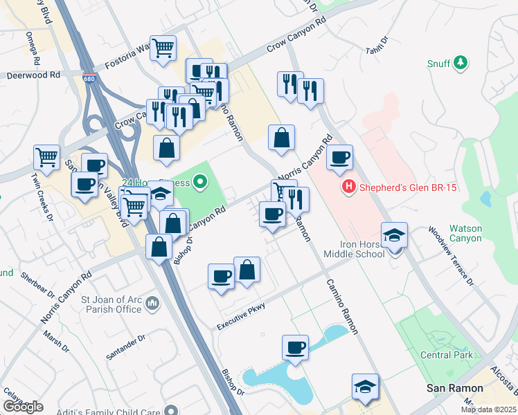map of restaurants, bars, coffee shops, grocery stores, and more near 2006 Ivory Terrace in San Ramon