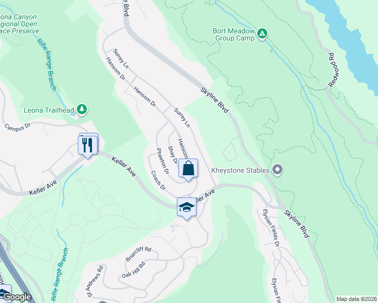 map of restaurants, bars, coffee shops, grocery stores, and more near 8061 Surrey Lane in Oakland