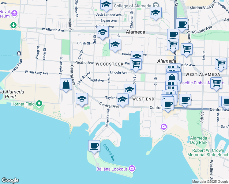 map of restaurants, bars, coffee shops, grocery stores, and more near 429 Taylor Avenue in Alameda