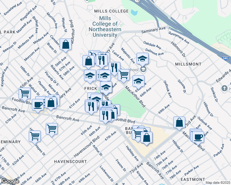 map of restaurants, bars, coffee shops, grocery stores, and more near 3155 64th Avenue in Oakland