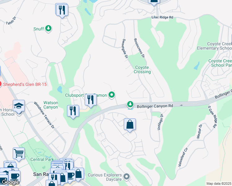 map of restaurants, bars, coffee shops, grocery stores, and more near 480 Bollinger Canyon Lane in San Ramon