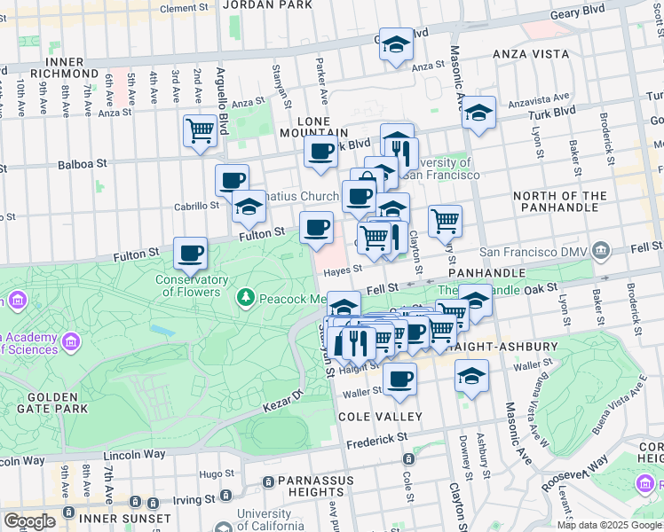 map of restaurants, bars, coffee shops, grocery stores, and more near 474 Stanyan Street in San Francisco