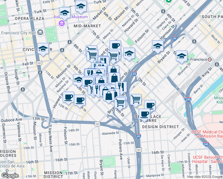 map of restaurants, bars, coffee shops, grocery stores, and more near 1227 Harrison Street in San Francisco
