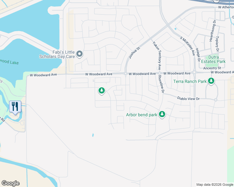 map of restaurants, bars, coffee shops, grocery stores, and more near 2401-3249 Woodward Avenue in Manteca