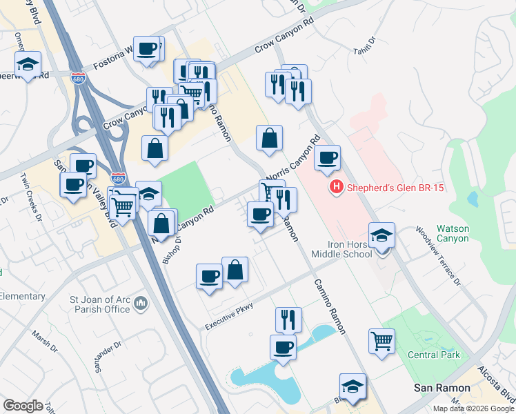 map of restaurants, bars, coffee shops, grocery stores, and more near 2410 Camino Ramon in San Ramon