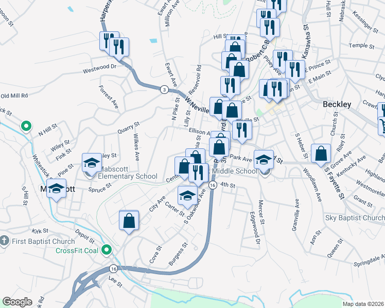 map of restaurants, bars, coffee shops, grocery stores, and more near 101 Bench Lane in Beckley