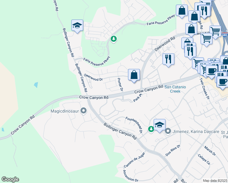 map of restaurants, bars, coffee shops, grocery stores, and more near 26 Starflower Terrace in San Ramon
