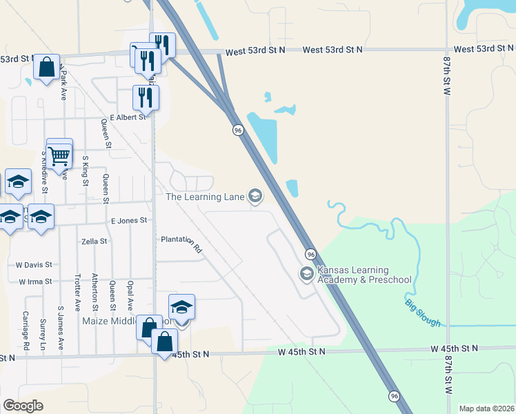 map of restaurants, bars, coffee shops, grocery stores, and more near 516 South Longbranch Drive in Maize