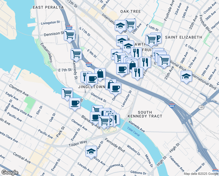 map of restaurants, bars, coffee shops, grocery stores, and more near 21 Chapman Street in Oakland