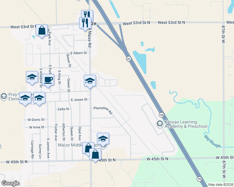 map of restaurants, bars, coffee shops, grocery stores, and more near South Longbranch Drive in Maize