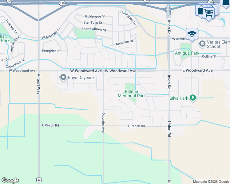 map of restaurants, bars, coffee shops, grocery stores, and more near 1608 Sephos Street in Manteca