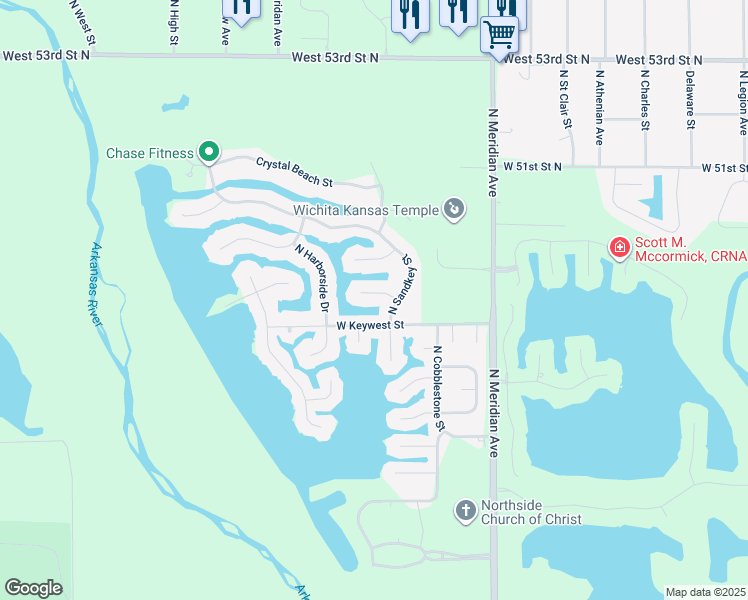 map of restaurants, bars, coffee shops, grocery stores, and more near 4917 North Sandkey Court in Wichita